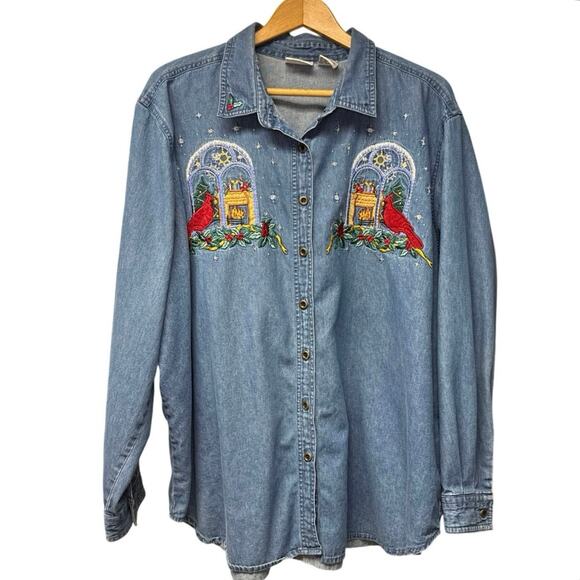 Vintage Bobbie Brooks Plus Size 22-24 Christmas Cardinal Button Up Denim Shirt - Picture 1 of 7